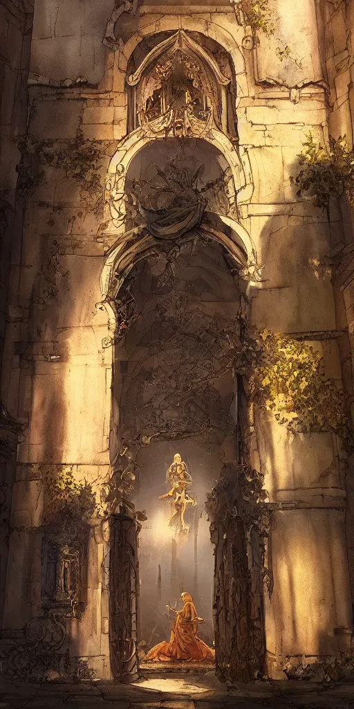 Prompt: Detailed Exterior of Gateway To Monastery Courtyard, light shafts, Ancient Statue, stunning atmosphere, in Style of Peter Mohrbacher, cinematic lighting