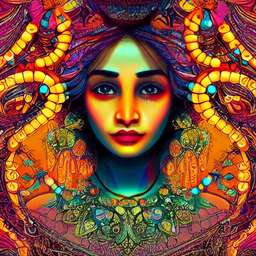 Image similar to the face of a ridiculously beautiful and sophisticated indian woman partially made of onion rings of all colors looking down, an ultrafine detailed illustration by james jean, final fantasy, intricate linework, bright colors, behance contest winner, vanitas, angular, altermodern, unreal engine 5 highly rendered, global illumination, radiant light, detailed and intricate environment