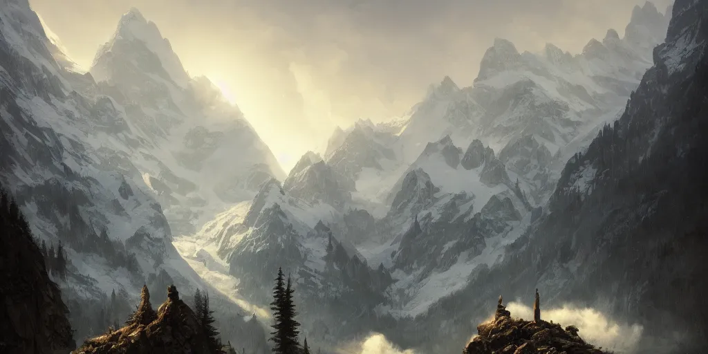 Image similar to beautiful alps landscape, godrays, magnificent, luxury, detailed, sharp focus, close up, low angle, high detail, volumetric, illustration, cold lighting, by jordan grimmer and greg rutkowski, trending on artstation, pixiv