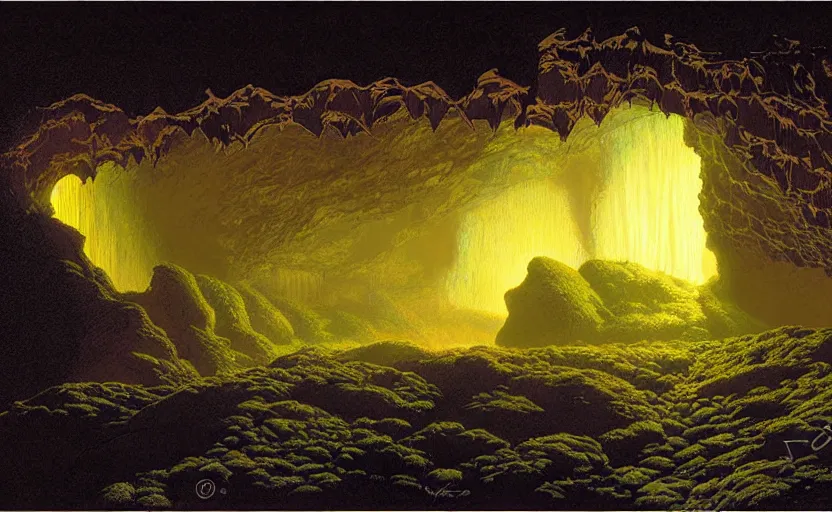 Prompt: view of natural cave, darkness, some bulb lights, dynamic light, mist over ground, illustration painting by james gurney and josan gonzales