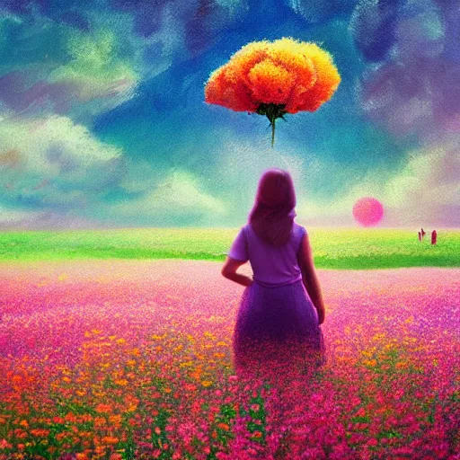 Prompt: girl with a scaled up flower instead of face, surreal photography, dream, standing in flower field, hills, big trees, sunrise dramatic light, impressionist painting, colorful clouds, digital painting, pointillism, artstation, simon stalenhag, flower face