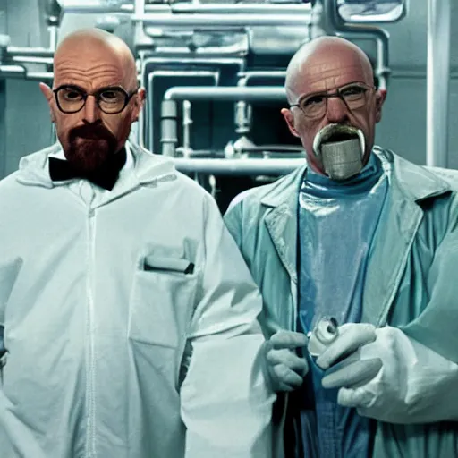 Prompt: Willy Wonka and Walter White in hazmat suits in the chocolate factory, photorealism, 8k