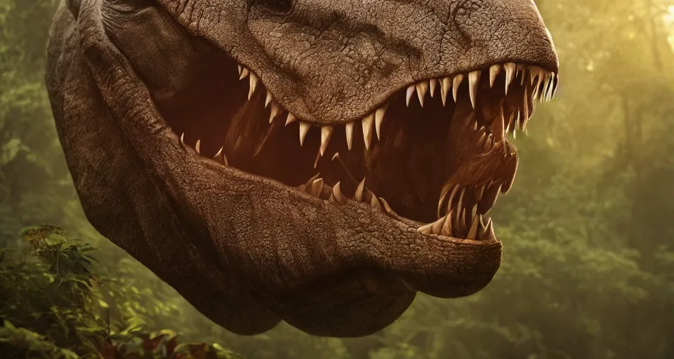 Image similar to closeup portrait of a colossal t-rex in a jungle environment roaring, dramatic lighting, cinematic, octane render, cgsociety, artstation, 4k