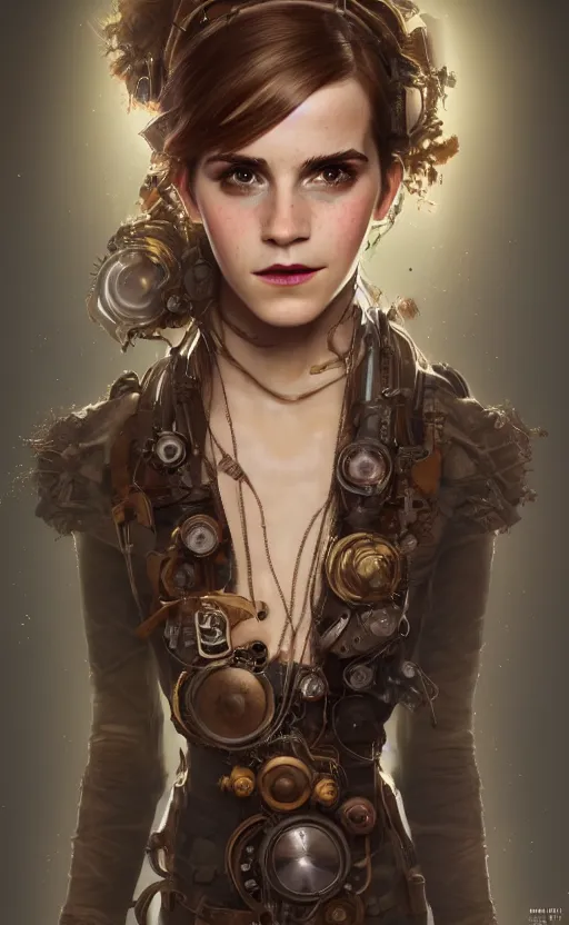 Image similar to steampunk biopunk portrait of emma watson, au naturel, hyper detailed, digital art, trending in artstation, cinematic lighting, studio quality, smooth render, unreal engine 5 rendered, octane rendered, art style by klimt and nixeu and ian sprigger and wlop and krenz cushart.