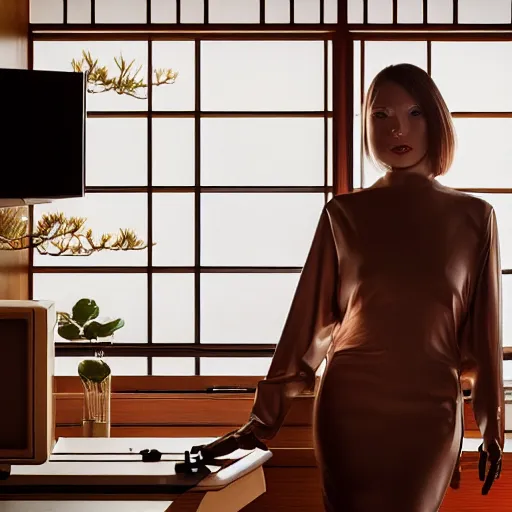 Image similar to dlsr portrait, a humanoid android robot of a beautiful woman made out of expensive high - end 8 0's japanese hi - fi equipment, inside the kitchen of a japanese influenced neo - midcentury modern futuristic villa, huge windows showing a rocky california shoreline at golden hour, 4 k, face enhance, ultra - detailed