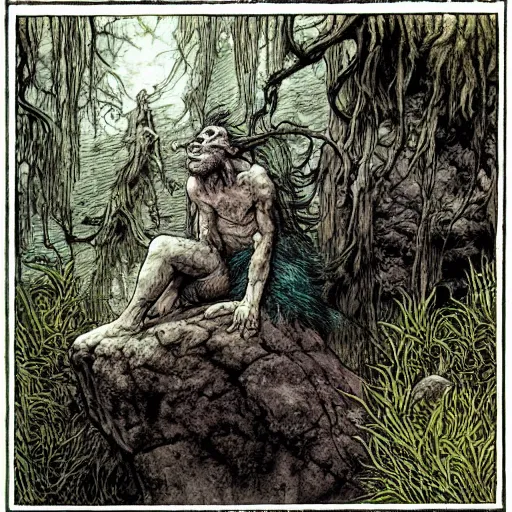 Prompt: a troll on a rock in a forest, dramatic lighting, fluid, smooth, bright, colours, high contrast, sharpness, very detailed, intricate, by richard corben and moebius and briand froud and arthur rackham and john bauer