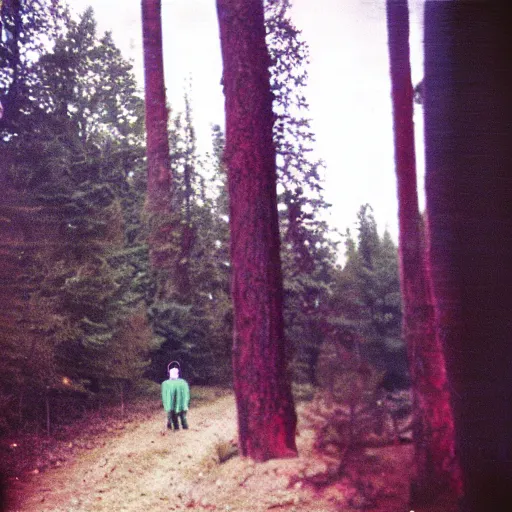 Image similar to man wearing a ghost face mask in the woods, 8 0 s, polaroid, disposable film, 8 mm