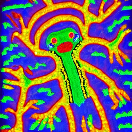 Image similar to trippy neon huichol art design of an axolotl