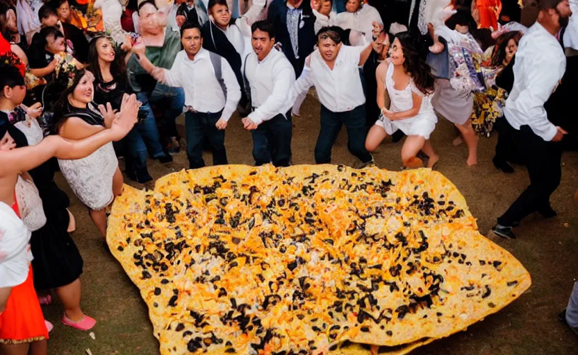 Image similar to a crowd of mexicans dancing around giant Nachos in a wedding,