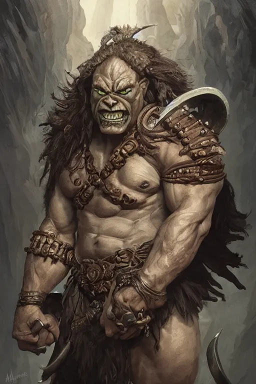 Image similar to portrait of a hulking herculean orc demon barbarian pirate, male, masculine, upper body, belt of skulls, fantasy, frown,, intricate, elegant, highly detailed, digital painting, artstation, concept art, sharp focus, illustration, art by artgerm and greg rutkowski and alphonse mucha