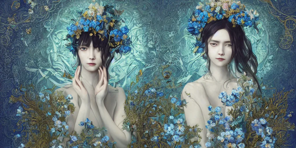 Image similar to breathtaking detailed concept art painting of the goddesses of nemophila flowers, orthodox saint, with anxious, piercing eyes, ornate background, amalgamation of leaves and flowers, by Hsiao-Ron Cheng, James jean, Miho Hirano, Hayao Miyazaki, extremely moody lighting, Black paper, cut paper texture, Full of light-blue and silver and white layers, 8K