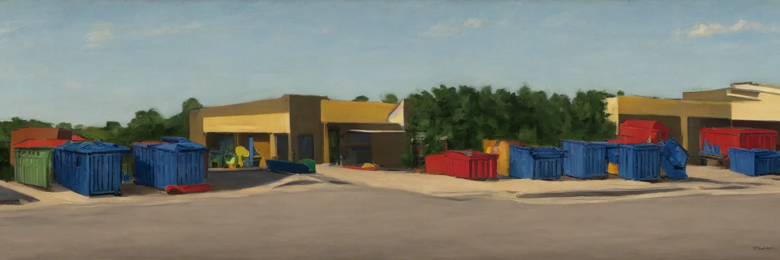 Image similar to Dumpsters by the parking lot behind a Walmart in a North American suburban strip mall by Edward Hopper