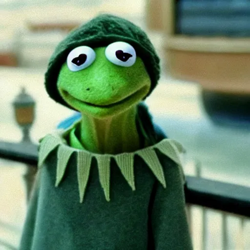 Prompt: a still of kermit the frog in spirited away,
