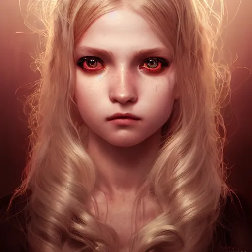 Image similar to portrait of a young girl with blond twin tail hair and red eyes, ultra realistic, concept art, intricate details, eerie, highly detailed, photorealistic, octane render, 8 k, unreal engine. art by artgerm and greg rutkowski and alphonse mucha