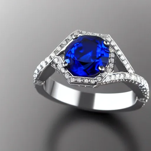 Prompt: A ring with a deep blue sapphire stone set on a hyper detailed engraved platinum band, V-ray, 8k, Octane Render, Unreal engine