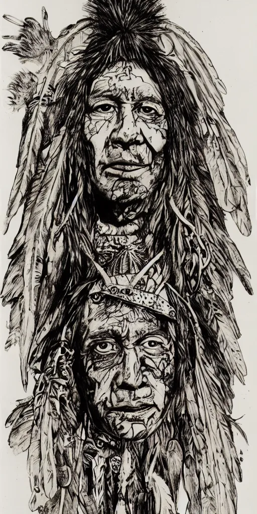 Image similar to a detailed loose wild messy ink sketch portrait of a Native American shaman wearing a bone breastplate in the style of Ralph Steadman, caricature, dramatic with desert colors