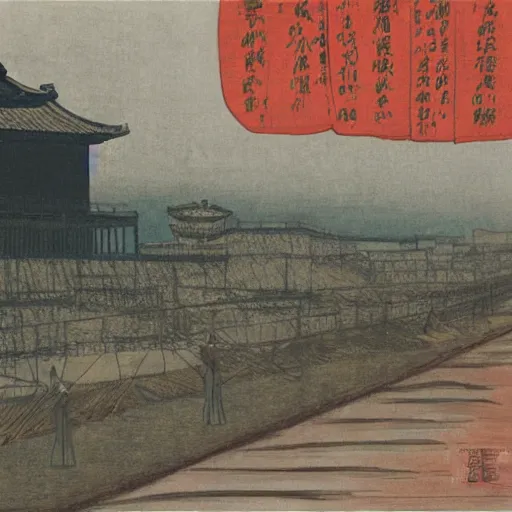 Image similar to a chinese prison near a river by peter doig : : 1 0 and ukiyo - e : : 1, muted colors