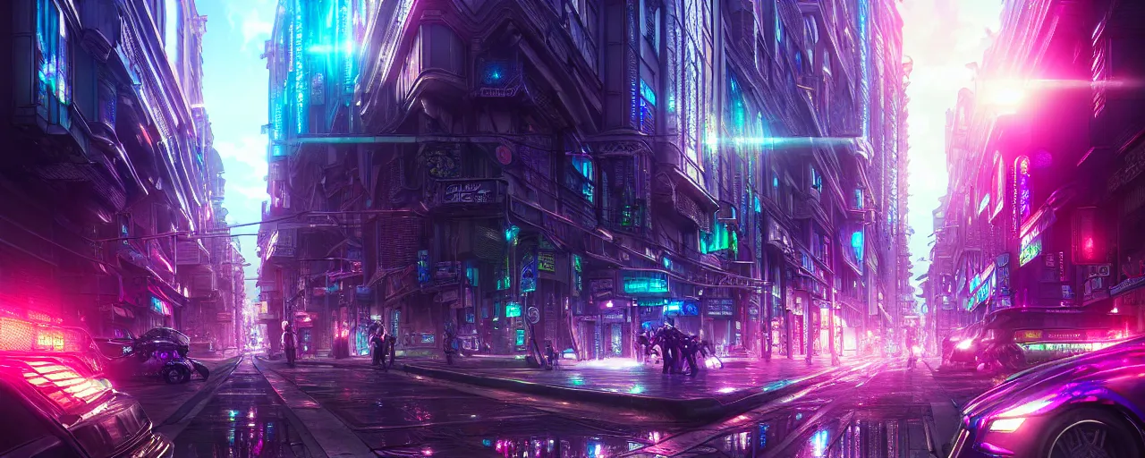 Prompt: hyperdetailed city streets metals and shiny iridescent gems, dark rainbow nimbus, inspired by ross tran and masamune shirow and kuvshinov, intricate, photorealistic, octane render, rtx, hdr, unreal engine, dnd digital art by artgerm