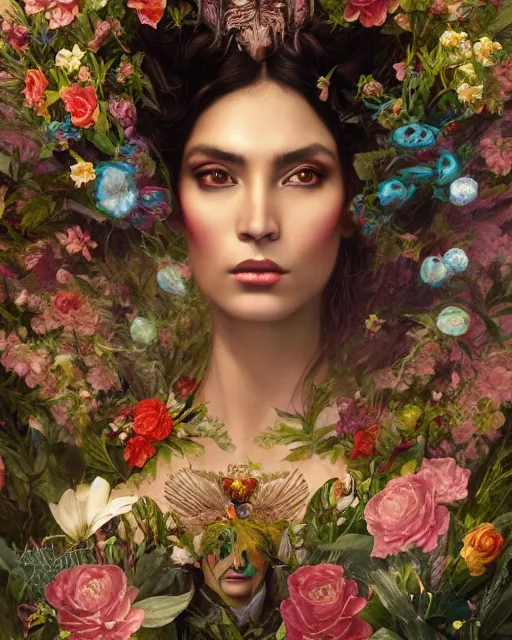 Image similar to portrait of the mexican queen of the underworld, surrounded by flowers by karol bak, james jean, tom bagshaw, rococo, sharp focus, trending on artstation, cinematic lighting, hyper realism, octane render, 8 k, hyper detailed.