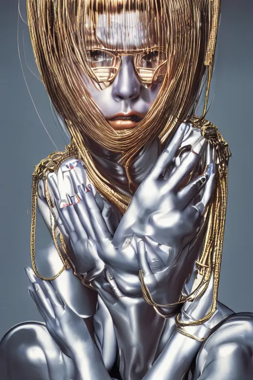 Prompt: portrait of a metal woman in the style of hajime sorayama, editorial photography from vogue magazine, photography
