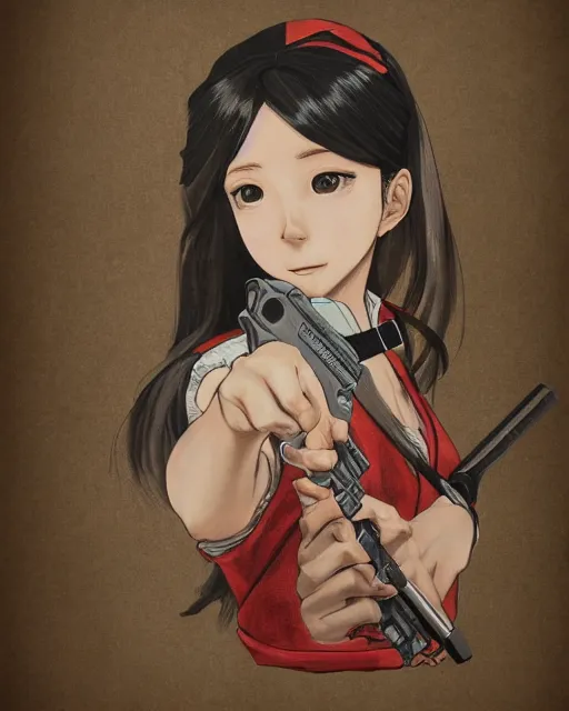 Prompt: portrait of a girl holding a pistol, detailed manga art panel, professional