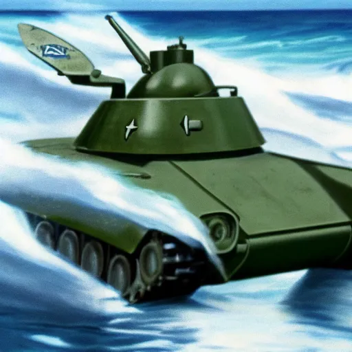 Image similar to a T-34 emerging from Ocean waves, hyperrealistic