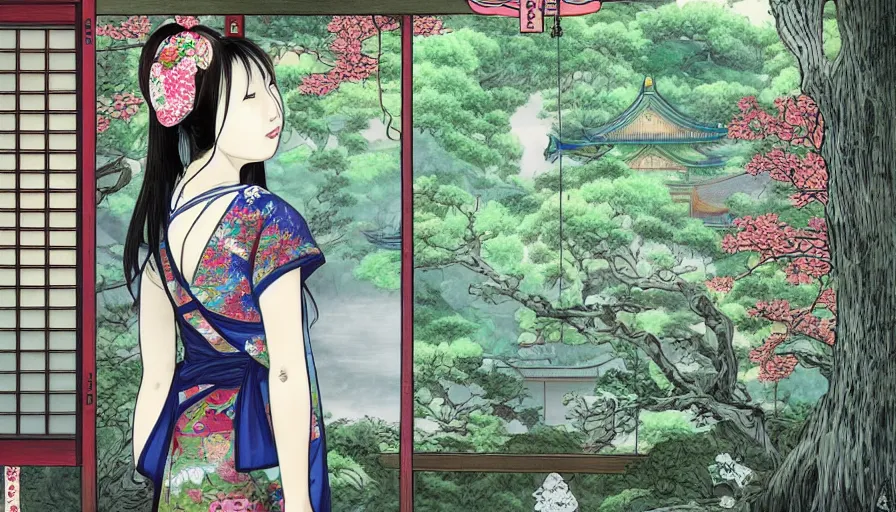 Image similar to eizin suzuki style digital painting of a beautiful girl in japan, looking out a window at a temple garden filled with yokai and spirits, deviant artist, zeen, uhd, high detail,