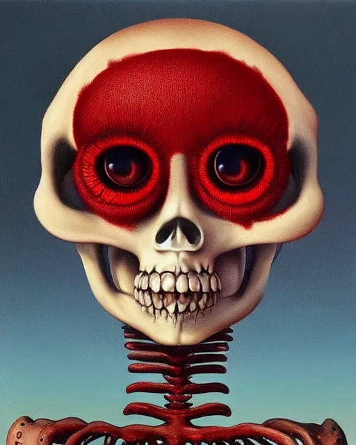 Prompt: a surrealistic head and shoulder painting of a gorgeous female skeleton with eyeballs and red lipstick, in the style of rene magritte and zdzislaw beksinski and mark ryden, digital art, detailed masterpiece