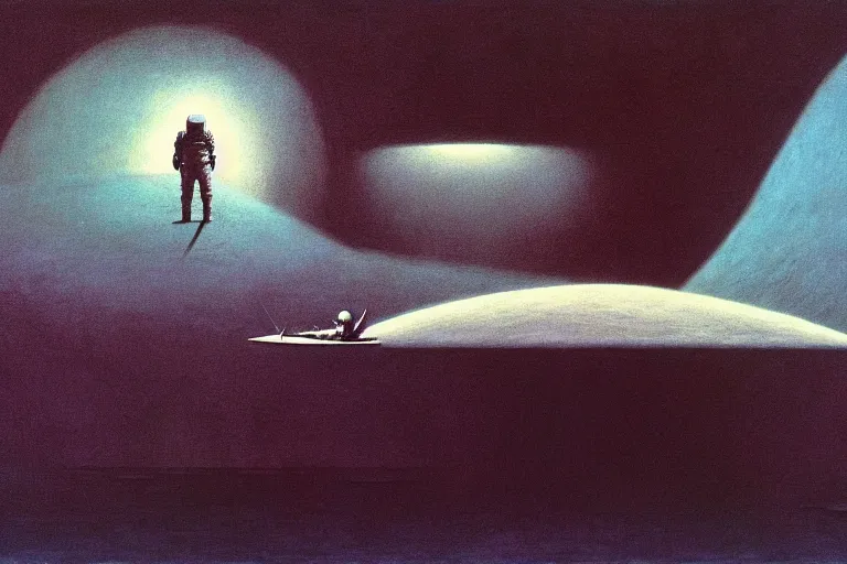 Image similar to astronaut in rubber boat, in the style of beksinski, parts by roger dean, parts by dean ellis, intricate and epic composition, white by caravaggio, insanely quality, highly detailed, masterpiece, white light, artstation, 4 k