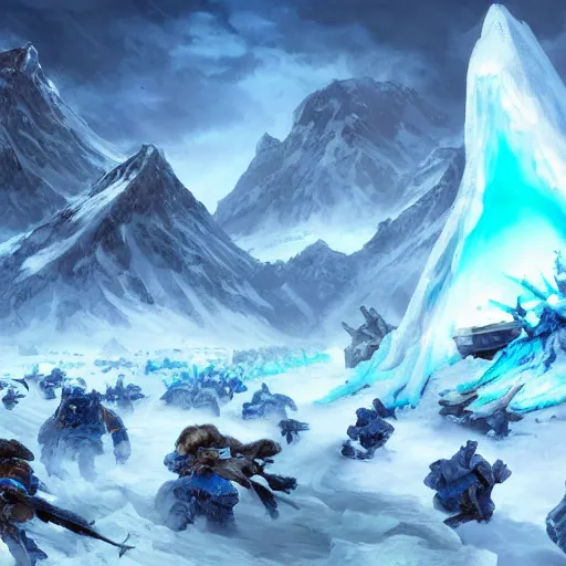 Image similar to snow army war, blue glacier volcano eruption, blue glacier volcano eruption, blue liquid and snow, snow army war, war armies under the mountain, ice cold blue theme, bright masterpiece artstation. 8 k, sharp high quality artwork in style of jose daniel cabrera pena and greg rutkowski, concept art by tooth wu, blizzard warcraft artwork, hearthstone card game artwork