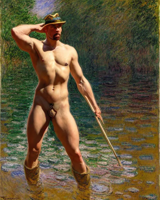 Prompt: muscular soldier wading through a river, sunlight shining on his skin, reflective water, painting by tom of finland, gaston bussiere, craig mullins, j. c. leyendecker, claude monet