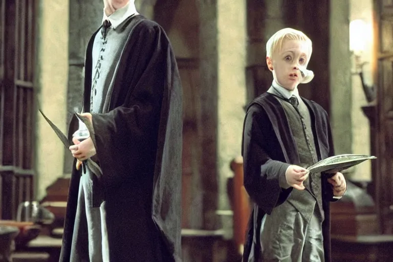 Image similar to film still Macaulay Culkin as Draco Malfoy wearing hogwarts uniform in Harry Potter movie