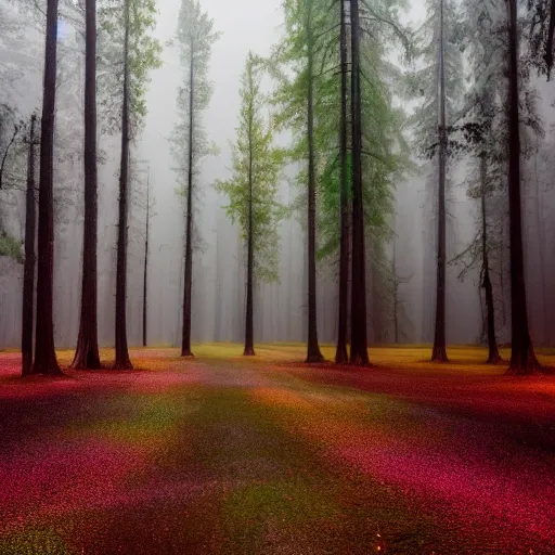 Image similar to old forest with glowing trees and glitter dust in cosmic color fog