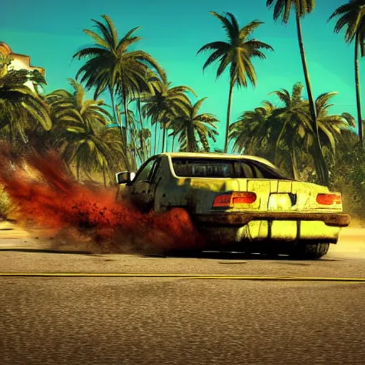 Prompt: far cry car leaking black tar chaotic intensive apocalyptic adrenaline anger oil black tar landscape wasteland miami desert landscape natural disasters sunset palm trees landscape