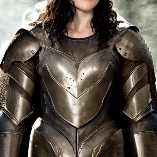 Image similar to Katie McGrath as Morgana wearing a suit of medieval-style magic power armor