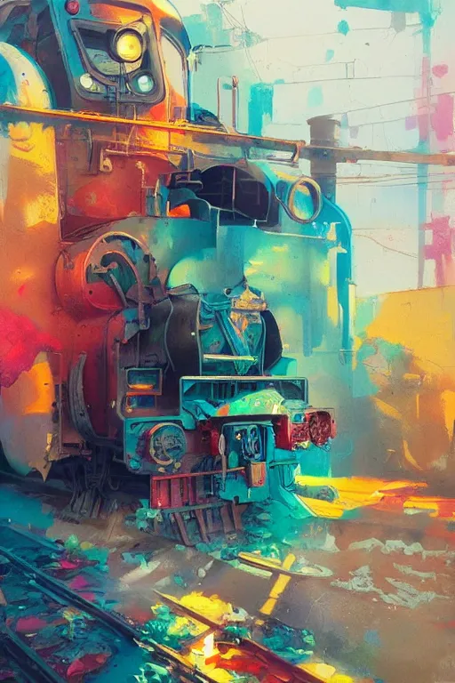 Image similar to trains covered colorful graffiti with paint drip, greg rutkowski, and moebius and loish and artgerm, painterly, illustration, backlit, beautiful artist rendering, gorgeous, masterpiece