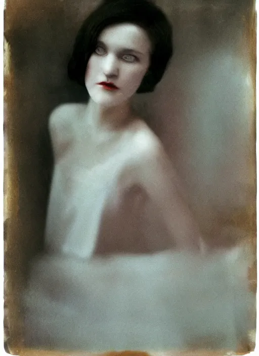 Image similar to out of focus photorealistic portrait of < zelda fitzgerald > as a beautiful young lady by sarah moon, very blurry, translucent white skin, closed eyes, foggy, closeup