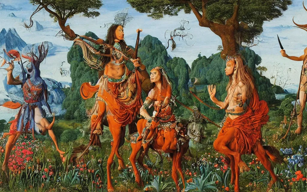 Image similar to a portrait photograph of a meditating shaman and a centaur monk riding a harpy and hunting at a river delta. surrounded by bulbous flowers and trees. mountain range under a blue sky of fiery stars. by jan van eyck, max ernst, ernst haeckel, ernst fuchs and artgerm, cgsociety, fashion editorial, 8 k