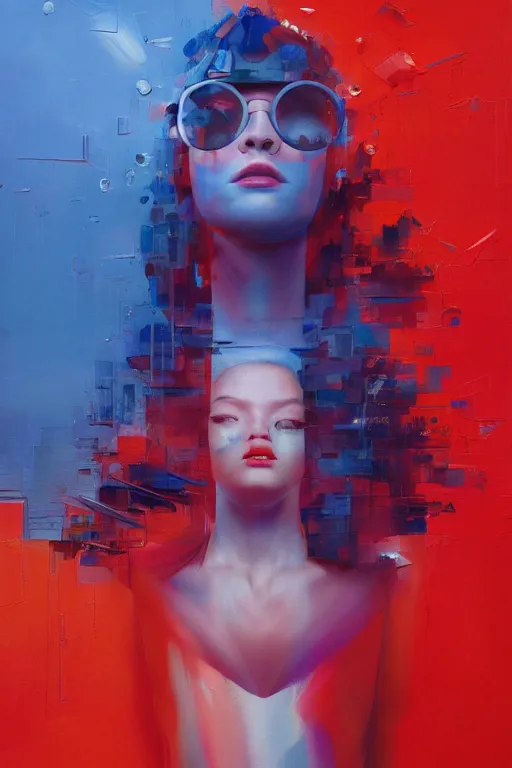 Image similar to 3 d, sci - fi, morning, happy fashion model face, sun, lightning clouds, vogue cover style, light red and deep blue mood, cinematic, realistic painting, intricate oil painting, high detail, figurative art, multiple exposure, poster art, 3 d, by stanley kubrick and tooth wu and wlop and beeple and greg rutkowski