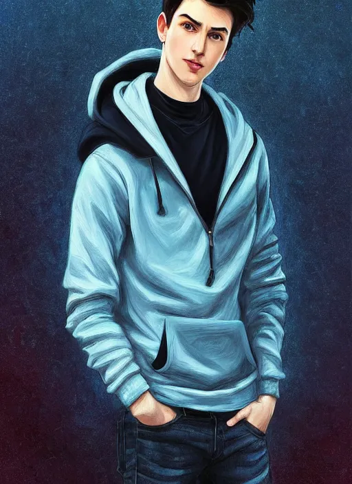 Prompt: handsome young man with short black hair, light blue eyes, pale skin, black hoodie, jeans, half body shot, path traced, highly detailed, high quality, digital painting, alena aenami, leonid afremov, lilia alvarado, shinji aramaki, karol bak, alphonse mucha, tom bagshaw