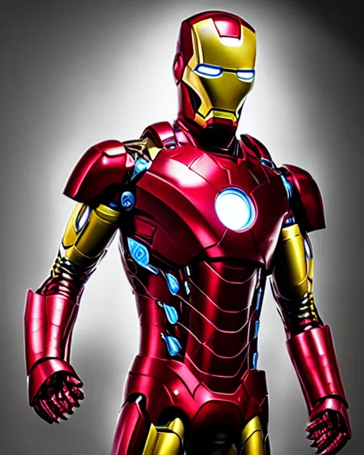 Image similar to ryan reynolds in an iron man suit, dramatic, studio lighting, photoshoot