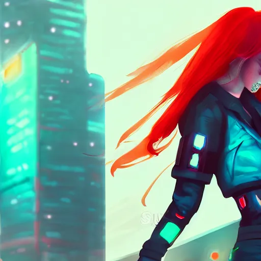 Image similar to a girl with red hair and blue eyes, cyberpunk, rooftop, teal neon lights, highly detailed, digital painting, artstation, concept art, sharp focus, illustration