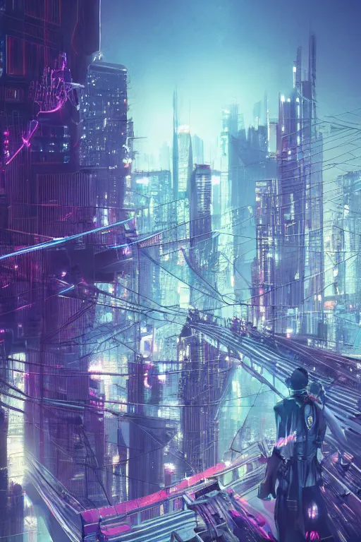 Image similar to a man standing on top of a bridge over a city, cyberpunk art by vincent lefevre, behance contest winner, altermodern, cityscape, synthwave, matte painting