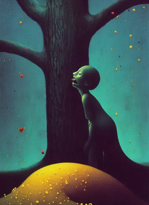 Image similar to She Eats Joyfully of the Suffocating Yellowcake Fruit and Her spiderlike gossamer glistening polyp blossoms bring iridescent fungal flowers whose spores black the foolish glaring stars Edward Hopper and James Gilleard, Zdzislaw Beksinski, Mark Ryden, Wolfgang Lettl highly detailed