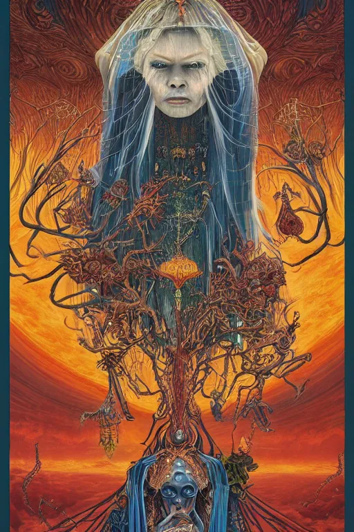 Image similar to tarot card of the queen of dreams by carol bak, jacek yerka, dan mumford, alex gray, victo ngai and h.r. giger, oil on canvas, 8k highly professionally detailed, HDR, trending on artstation