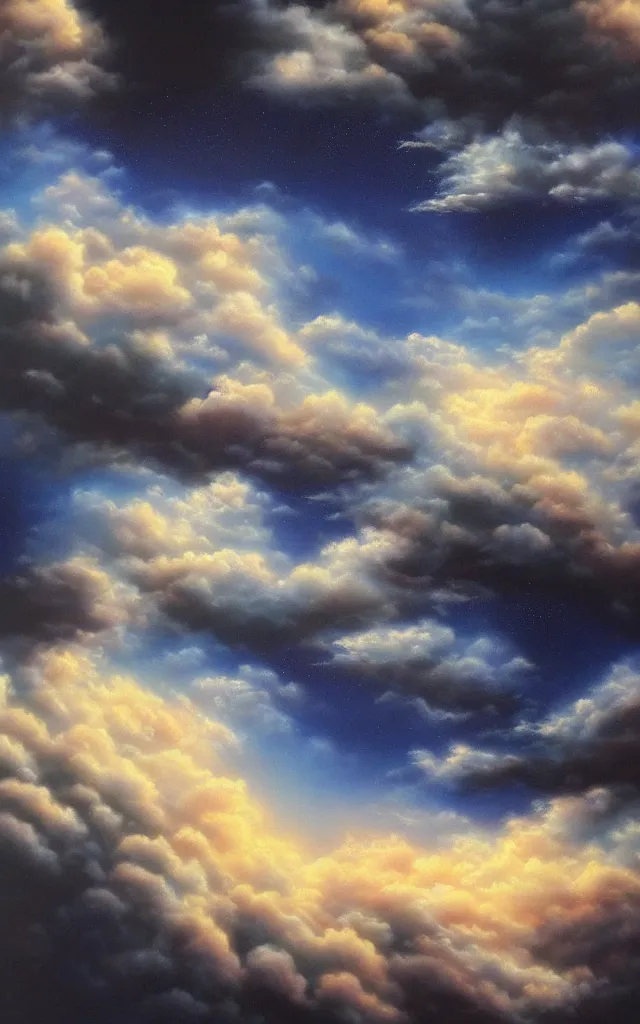 Prompt: blue and white night dramatic airbrushed clouds over black background, airbrush fantasy 80s, realistic detailed masterpiece