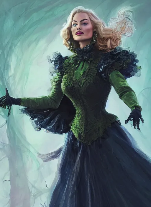 Prompt: beautiful female wicked witch, margot robbie as the wicked witch of the west, full body character concept, armor, super powers, fantasy, intricate, elegant, highly detailed, digital painting, artstation, concept art, shining, sharp focus, illustration, art by stanley lau