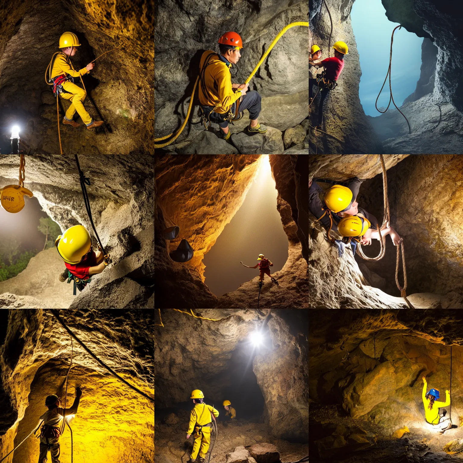 Prompt: explorers climbing in cave, yellow safety hat, ropes, pickaxe, dark, oil lamp, bloom, dramatic lighting, extremely realistic, photography