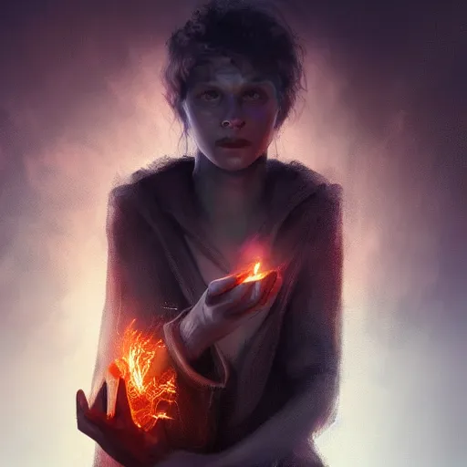 Prompt: a stunning portrait of a young human wizard, forming a burning hand spell, highly detailed digital art, 4 k trending on artstation