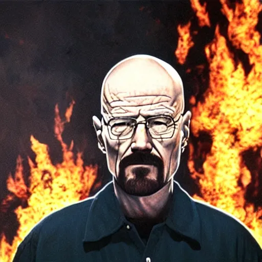 Image similar to a photo of walter white standing in front of a building on fire, highly detailed, 4 k